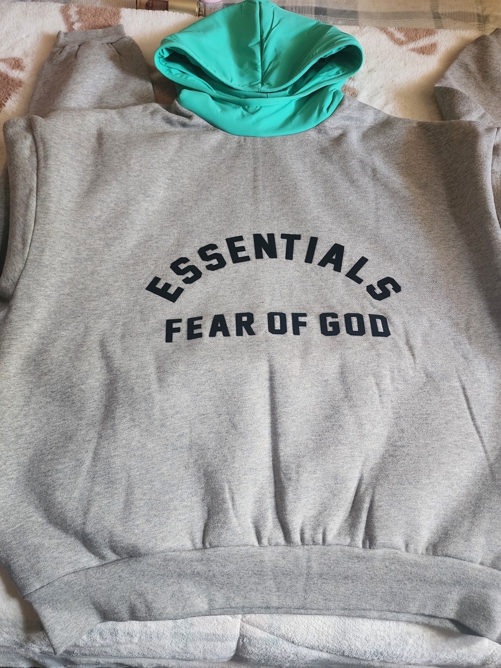 Essentials Fear of God Men's Gray Hoodie with Teal Hood Small